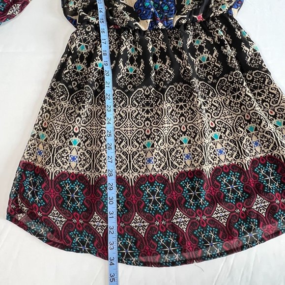 BeBop Black Print Sheer Mini Dress Size Medium Boho Festival Dress - Picture 14 of 15
